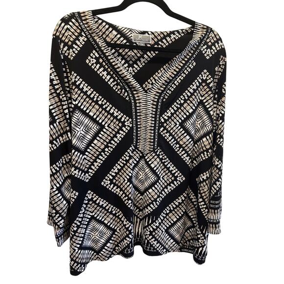 JM Collection Womens Tunic 2X 3/4 Sleeve Rhinestone Slinky Black Top Blouse Knit - Picture 1 of 7